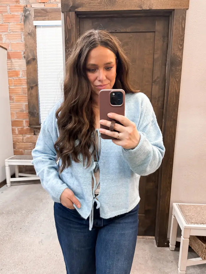 Brushed Front Tie Sweater: Sky by Boutique 23