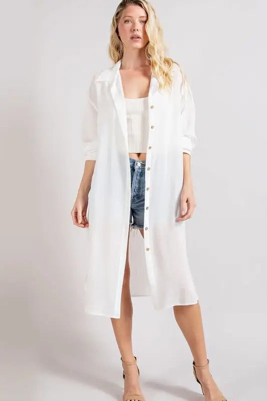 Button Down Long Jacket - White by Boutique 23