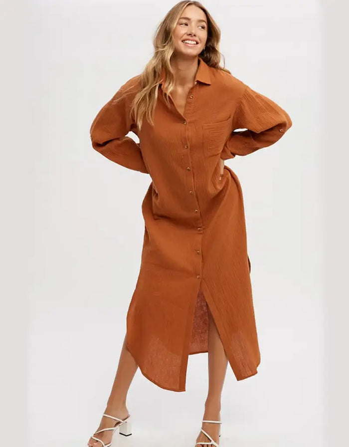 Button Up Maxi Shirt Dress With Pocket - Brick by Boutique 23