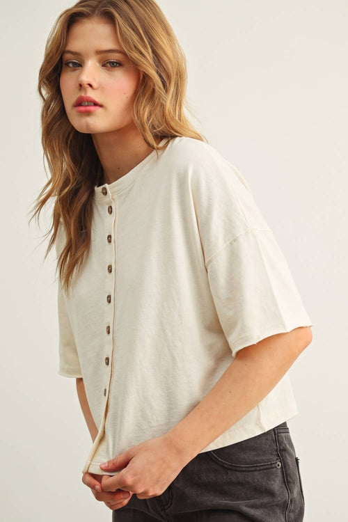 BUTTON DOWN ROUND NECK HALF SLEEVE TOP: WHITE by Boutique 23