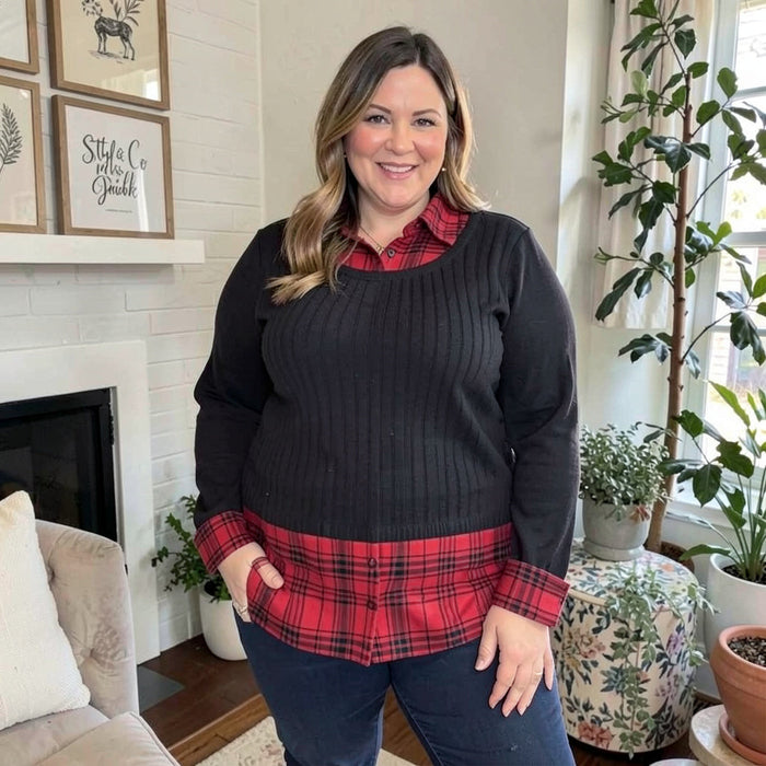 Style & Co Plus Size Layered-Look Plaid Sweater Top, Size: 0X by Vanessa Jane