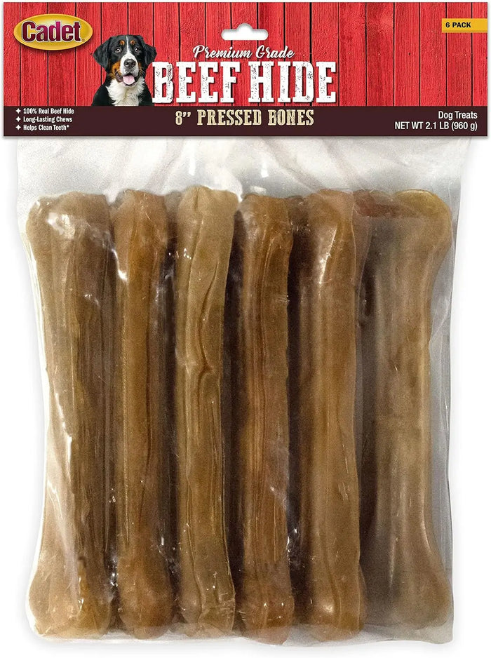Cadet Pressed Beef Hide Dog Bones — 8 Inch Long-Lasting Rawhide Chews (Best By 9/2026) by Price Is Right Miami