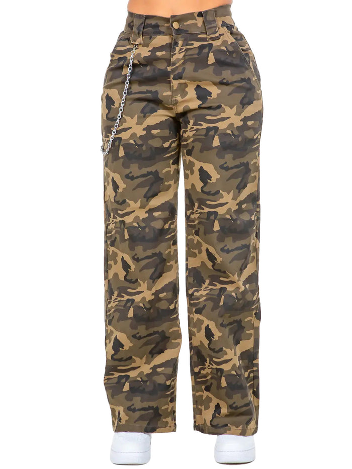 High Waist Camo Wide Leg Pants w/ Removable Chain by The House of Stylez