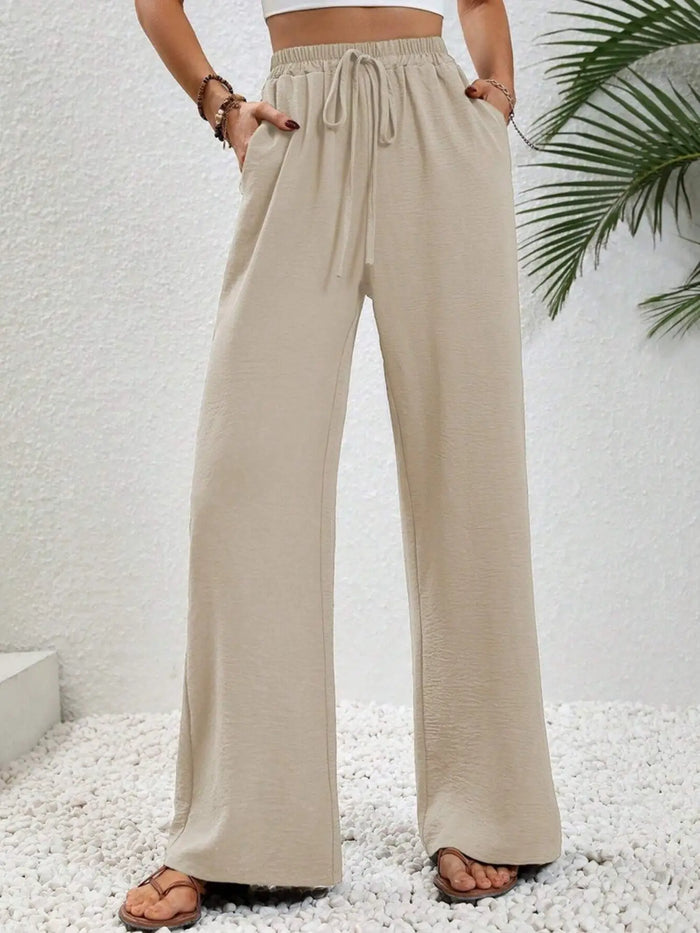 Casual Drawstring Wide Leg Pants: Apricot by Boutique 23