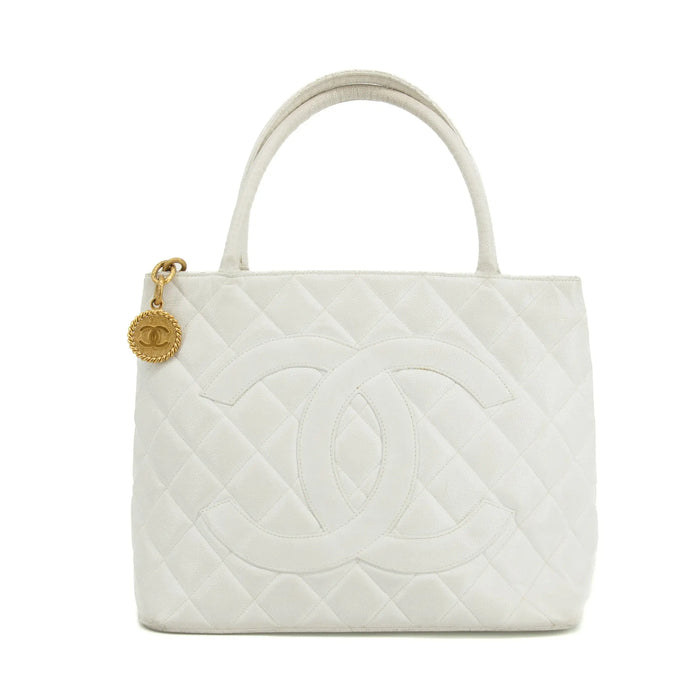 Chanel Caviar Skin Reprint Medallion Tote Bag White 2 Series #2678 by Bolt Boutique