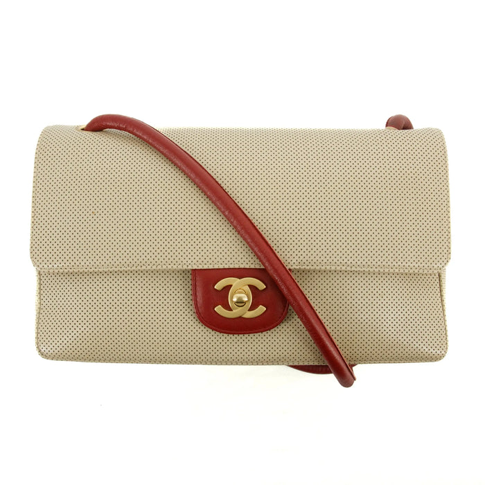 Chanel CC Mark Punching Bicolor Flap Shoulder Bag Beige / Red 6 Series #2674 by Bolt Boutique