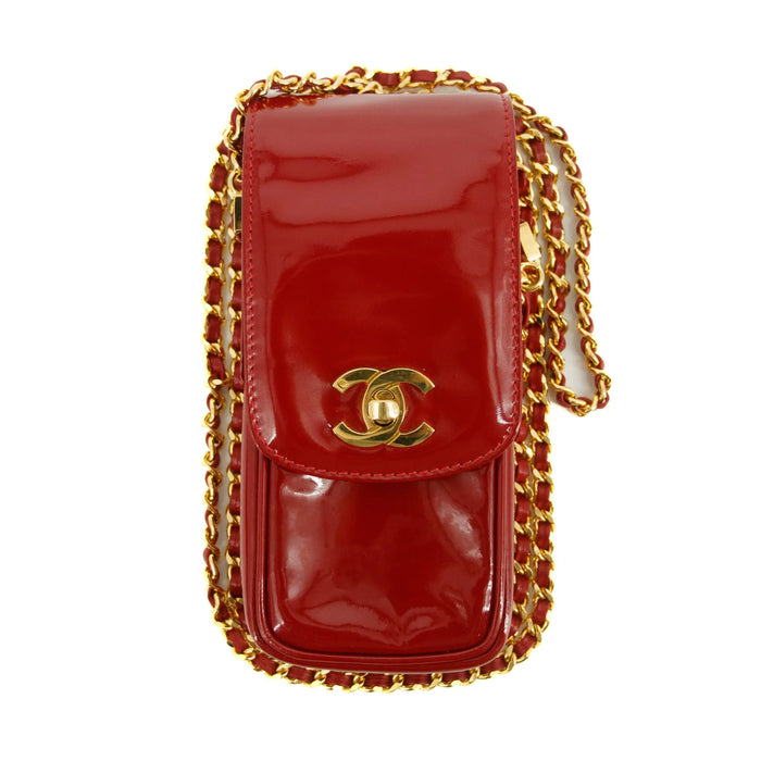Chanel Chain Phone Case Red Patent Leather Shoulder Bag #3428 by Bolt Boutique