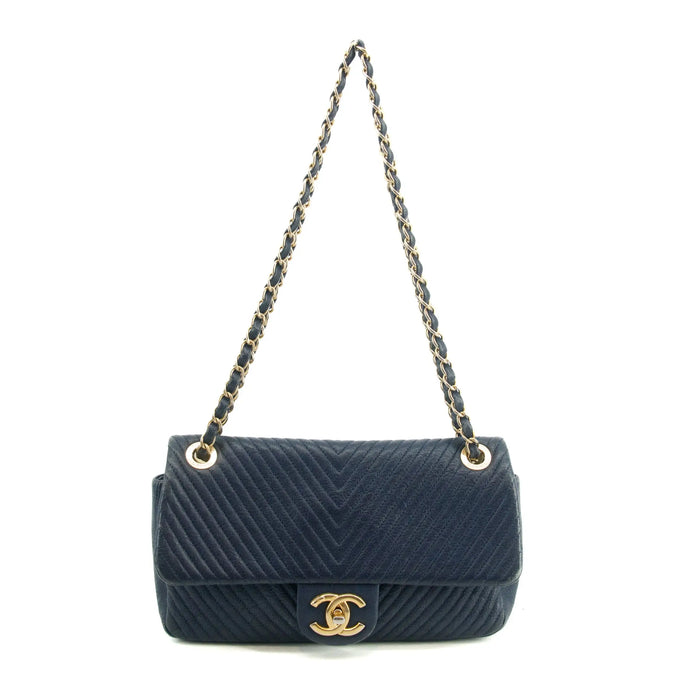 Chanel Chevron Flap Surpique Aged Calfskin Navy Shoulder Bag #3631 by Bolt Boutique