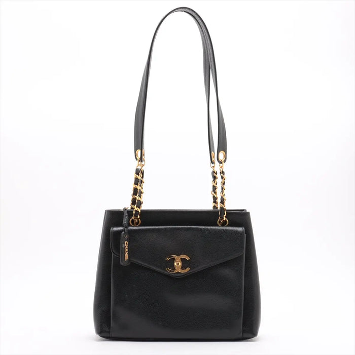 Chanel Coco Mark Caviar Skin CC Grained Pocket Shopper Shoulder Bag Black Gold Metal Fittings 3 Series- #2519 by Bolt Boutique