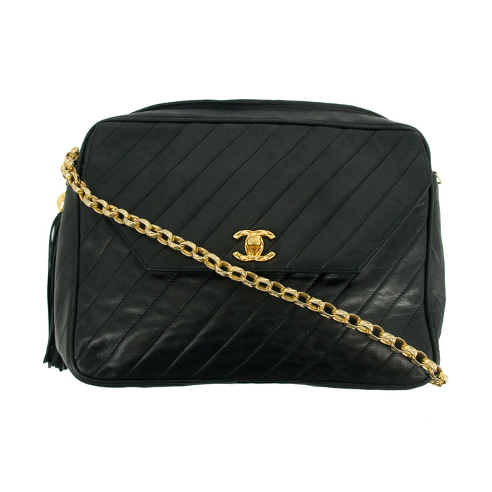 Chanel Diagonal Quilted Tassel Black Lambskin Shoulder Bag 2 Series #3324 by Bolt Boutique