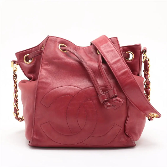 Chanel Lambskin CC Cocomark Drawstring Bucket Bag 3 Series Red #2911 by Bolt Boutique