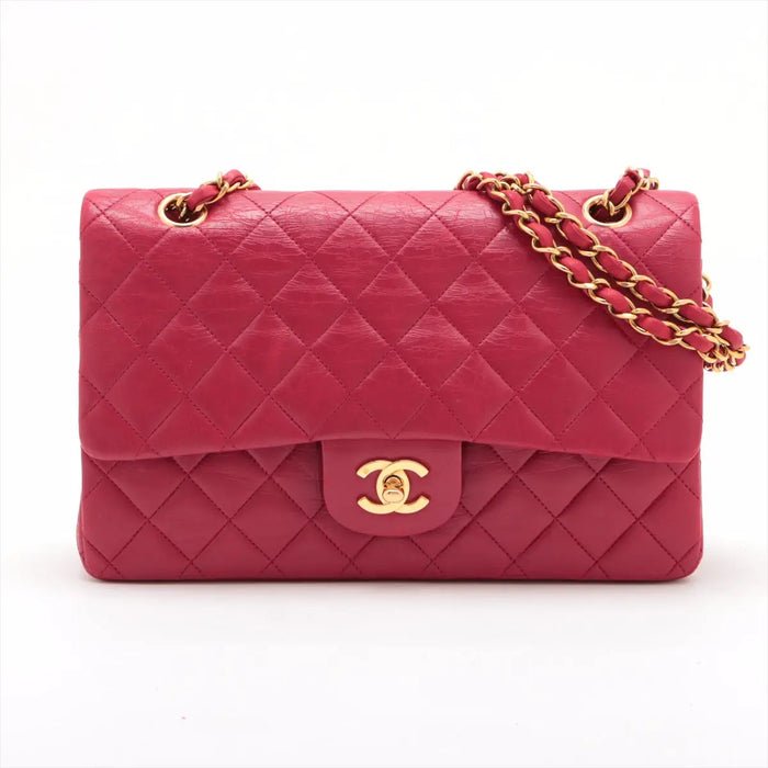 Chanel Matelasse Classic Double Flap 25 Dark Pink Lambskin Gold Metal Fittings 3 Series #2612 by Bolt Boutique