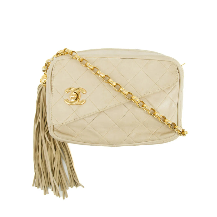 Chanel Matelasse Quilted Lambskin Beige Tassel Camera Shoulder Bag #3770 by Bolt Boutique