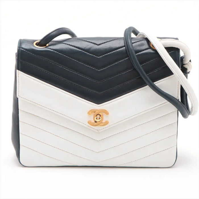 Chanel V Stitch Lambskin Shoulder bag White x navy Gold Metal Fittings #2489 by Bolt Boutique