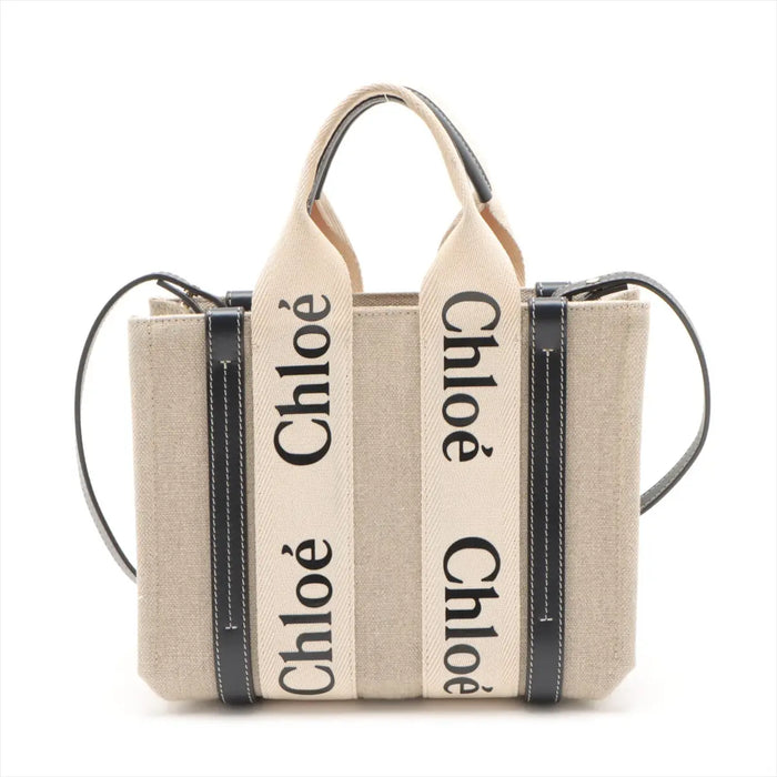 Chloe Woody Small Canvas & Leather 2 Way Handbag Beige x black #2601 by Bolt Boutique