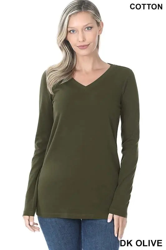 Cotton V-Neck Long Sleeve - Dark Olive by Boutique 23