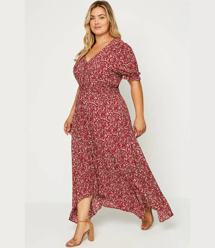 Curvy Floral Ruched Waist Maxi Dress - Red by Boutique 23