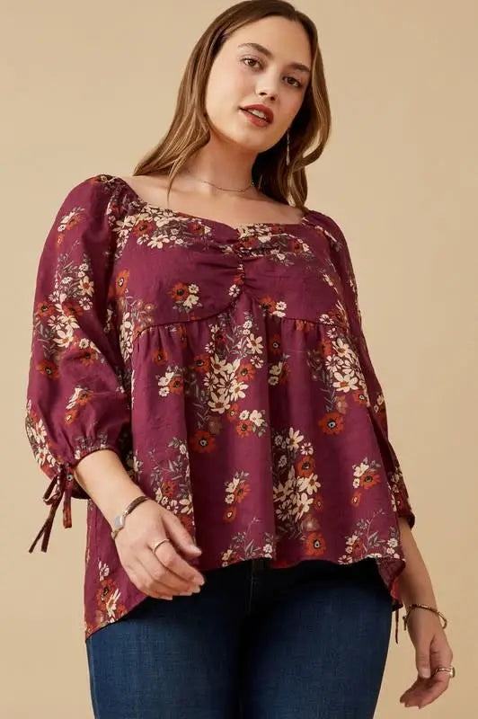 Curvy Mixed Floral Tie Sleeve Sweetheart Neck Top by Boutique 23