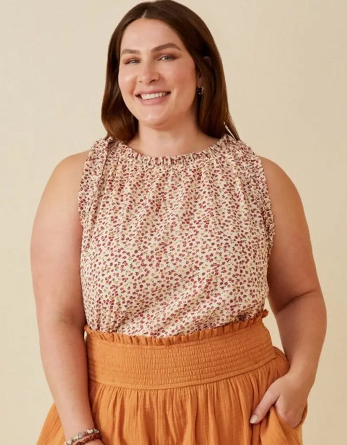 Curvy Ruffle Detail Ditsy Tank - Cream by Boutique 23