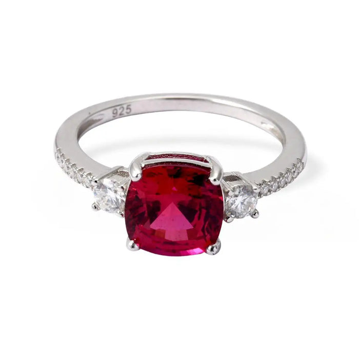 Cushion Red Lab Grown Ruby Prong Silver Three Stone Ring by Fine Color Jewels