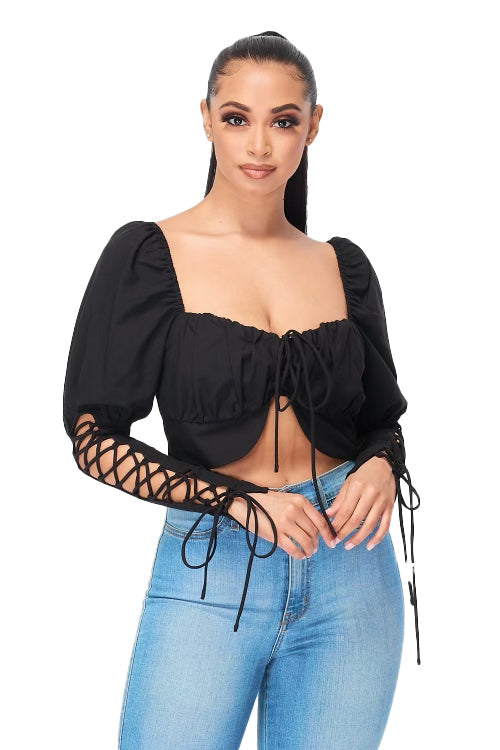 Black Crop Long Sleeve Lace Up Top by The House of Stylez