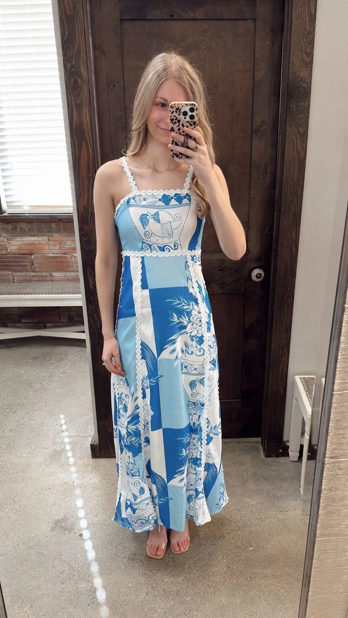 Cutout Back Printed Square Neck Maxi Dress by Boutique 23