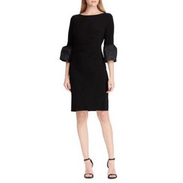 Ralph Lauren Womens Black Ruffled 3/4 Sleeve Crew Neck Knee Length Sheath Dress by Vanessa Jane