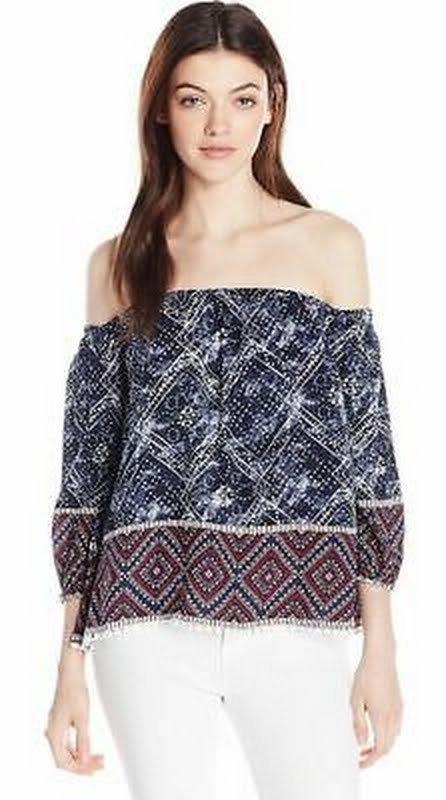 Love By Design Juniors Off The Shoulder Printed Top, Indigo Border, Medium by Vanessa Jane