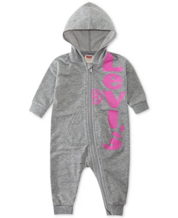 Levis Baby Girls Hooded Logo-Print French Terry Coverall, 3Mo/Gray by Vanessa Jane