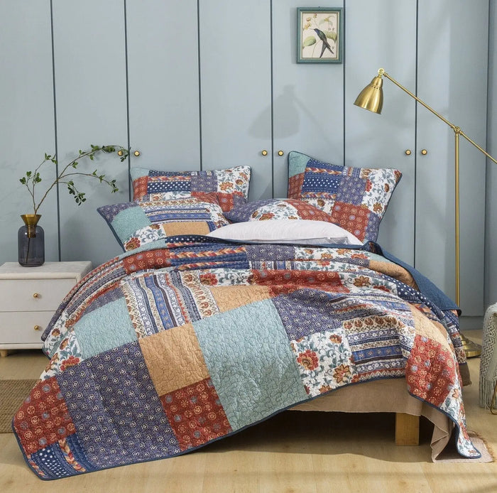 DaDa Bedding Bohemian Vibes Mediterranean Blue Floral Patchwork Quilted Bedspread Set (JHW878) by DaDalogy Bedding Collection