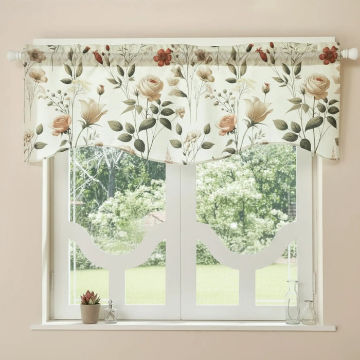 DaDa Bedding Collection Enchanted Meadow Semi-Sheer Valance - Floral Elegance in Beige, Rose, and Soft Green, Light Filtering See Through Microfiber, Rod Pocket Design, 18x52 Inches by DaDalogy Bedding Collection