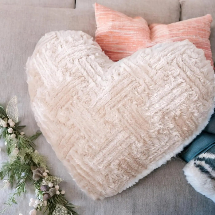 DaDa Bedding Heart Pillows Decorative Throw Pillows - Neutral Champagne Beige Heart Shaped Throw Toss Lap Fluffy Faux Fur Sherpa Pillows (16x14) by DaDalogy Bedding Collection