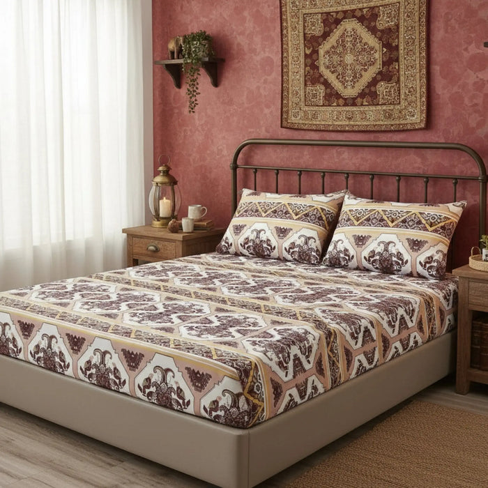 DaDa Bedding Majestic Oriental Kilim Fitted Sheet - w/ Pillow Cases Royal Persian Traditional Design Intricate Ornate Ornament Print by DaDalogy Bedding Collection