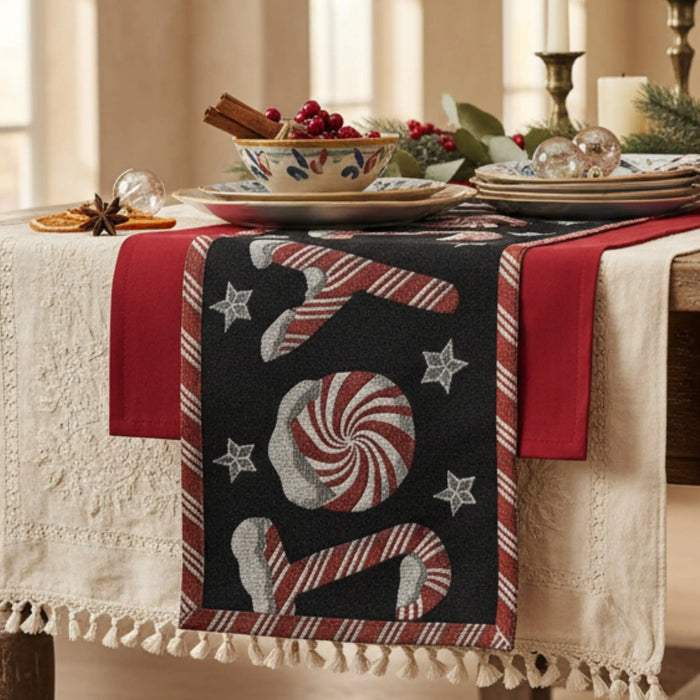DaDa Bedding Peppermint Joy Red Black Holiday Tapestry Dining Table Runner (12904) by DaDalogy Bedding Collection