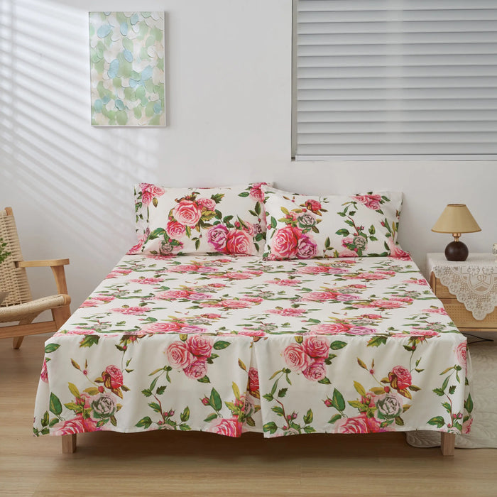 DaDa Bedding Romantic Roses Floral Bed Skirt - Matching Pink & White Ruffled Dust Ruffle for Quilted Coverlet Set - Lightweight & Breathable Polyester Bedskirt by DaDalogy Bedding Collection
