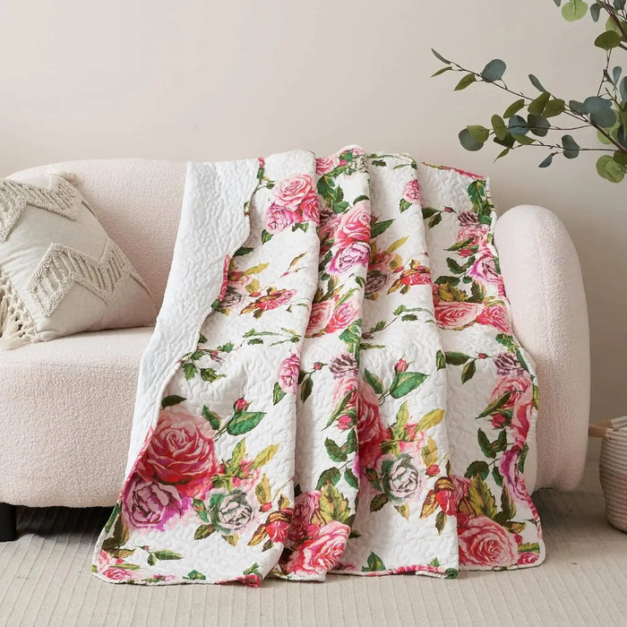 DaDa Bedding Romantic Roses Floral Throw Blanket - Lovely Spring Pink & White Scalloped Colorful Lightweight Breathable - Bright Vibrant Quilted Throw Blanket - 50 x 60 by DaDalogy Bedding Collection