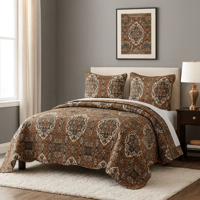 DaDa Bedding Rustic Earthy Cross Motif Folk Ogee Moroccan Scalloped Quilted Bedspread Set (JHW-944) by DaDalogy Bedding Collection