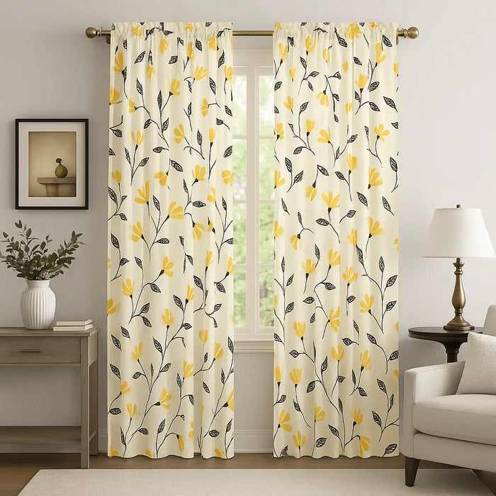 DaDa Bedding Set of 2 Botanical Floral Window Curtain Panels - Natural Semi Sheer Yellow Fleur Golden Orange Spring Time Tulips Straight Tailored Edge by DaDalogy Bedding Collection