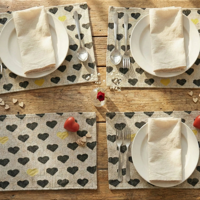 DaDa Bedding Set of 4-Pieces Valentine's day Yellow & Black Hearts Tapestry Dining Table Placemats 13” x 19” (18113) by DaDalogy Bedding Collection