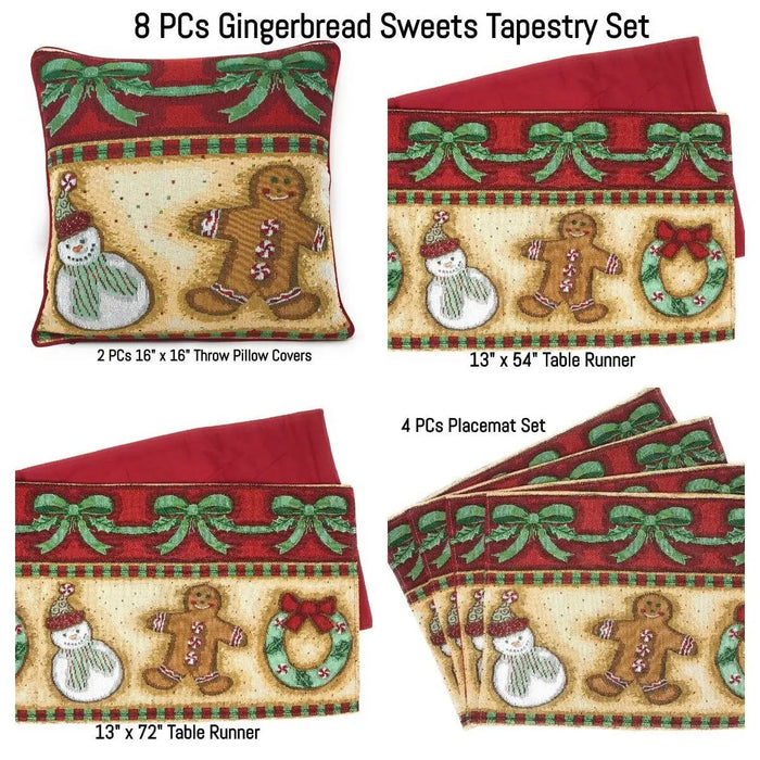 DaDa Bedding Set of 8 Pieces Gingerbread Sweets Holiday Table Tapestry - 4 Placemats, 2 Table Runners, 2 Throw Pillow Covers (12917) by DaDalogy Bedding Collection