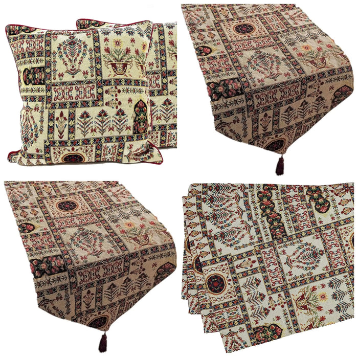 DaDa Bedding Set of 8 Pieces Light Botanical Mughal Floral Table Woven Tapestry - 4 Placemats, 2 Table Runners, 2 Throw Pillow Covers (18196) by DaDalogy Bedding Collection