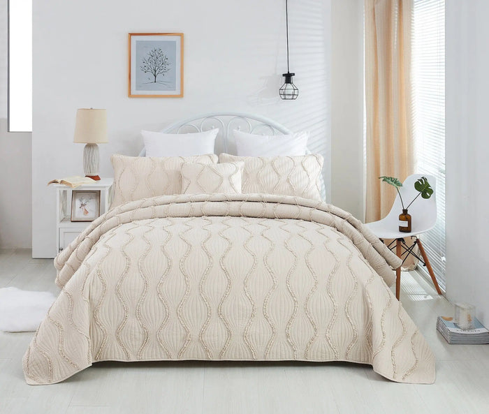 DaDa Bedding Soft Charming French Country Ruffles Quilted Cotton Bedspread Set - Ivory Cream Tan (JHW873) by DaDalogy Bedding Collection