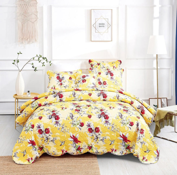 DaDa Bedding Sunshine Yellow Hummingbird Floral Quilt Set by DaDalogy Bedding Collection