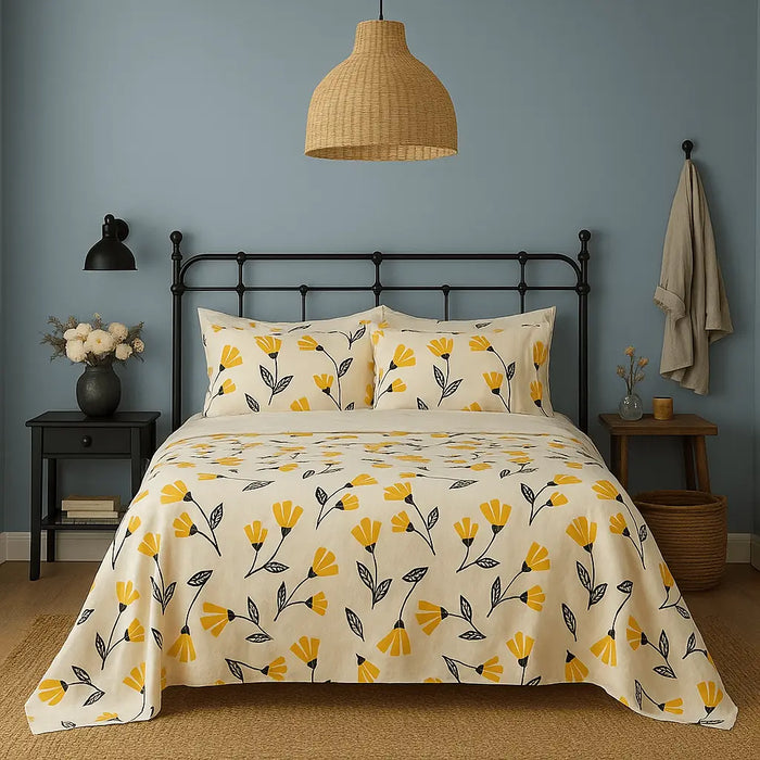 DaDa Bedding Yellow Fleur Floral Fitted and Flat Sheet Set by DaDalogy Bedding Collection