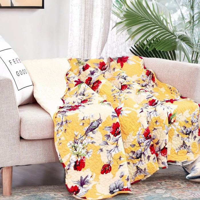 DaDa Bedding Yellow Floral Quilted Throw Blanket - Hummingbirds Farmhouse Red Flowers for Couch, Sofa or Bed- Scalloped Edges - 50 x 60 by DaDalogy Bedding Collection