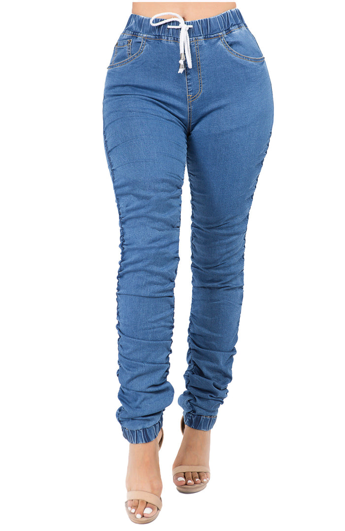 Denim Blue Joggers: High Waisted Scrunch Pants by The House of Stylez