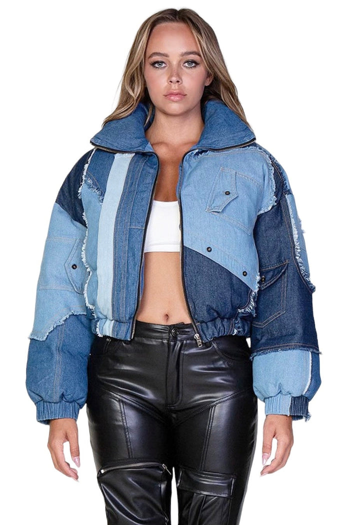 Denim Patch Cropped Puffer Jacket by The House of Stylez