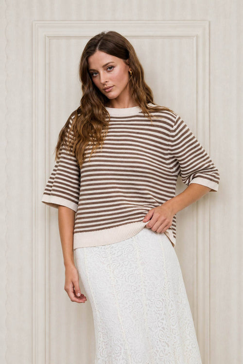 TEXTURED STRIPE CREW NECK HALF SLEEVE SWEATER : CREAM by Boutique 23