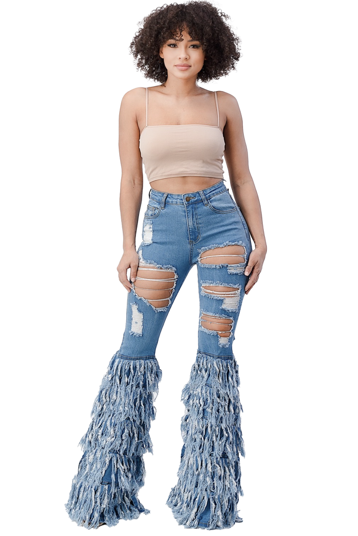 Distressed Layered Fringe Jeans (33" inseam) by The House of Stylez