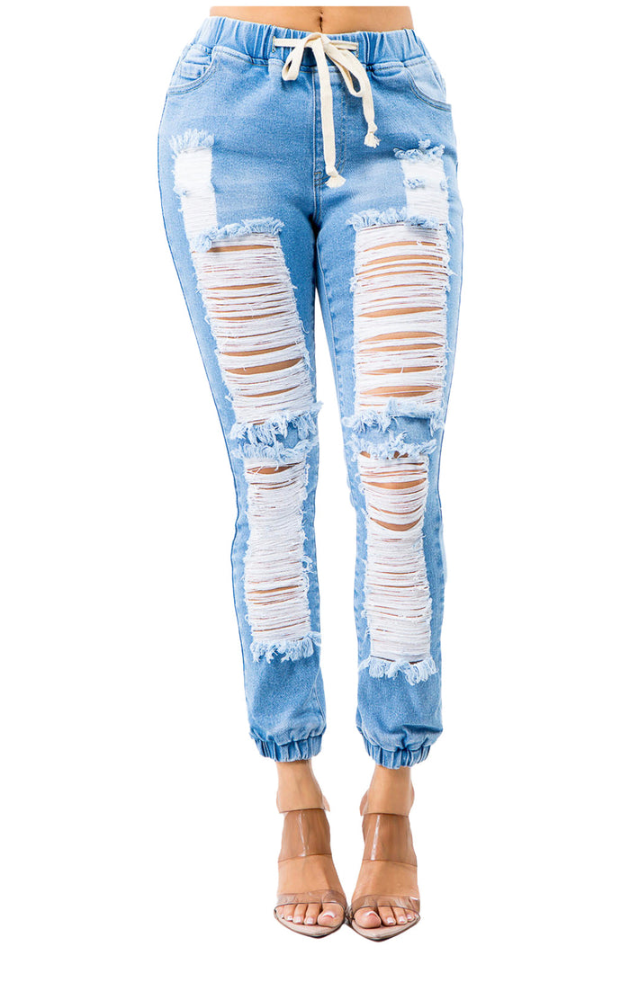 Denim Drawstring High Waisted Front Distressed Joggers by The House of Stylez